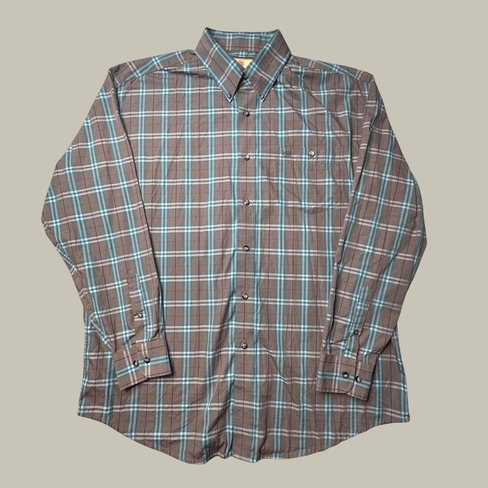 Wrangler Shirt Men XL MG2047M Brown Blue Plaid Button Down Long Sleeve EXCELLENT